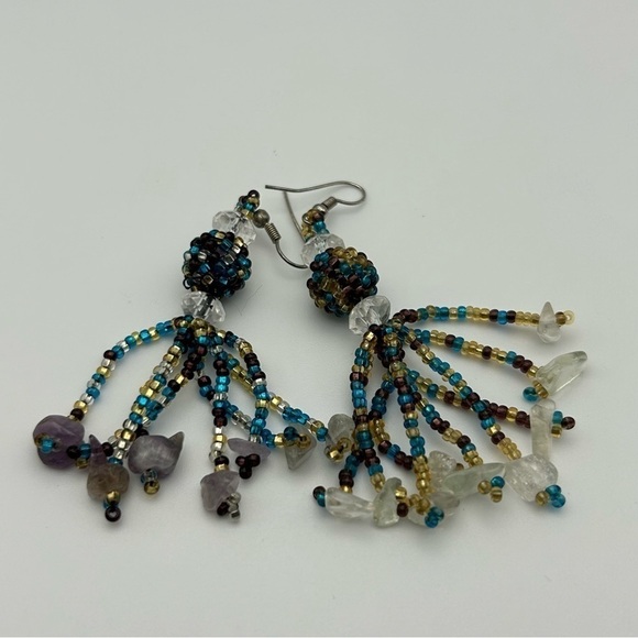 Blue Purple and Gold Seed Beaded Large Tassel Dangle Earrings - Picture 3 of 7